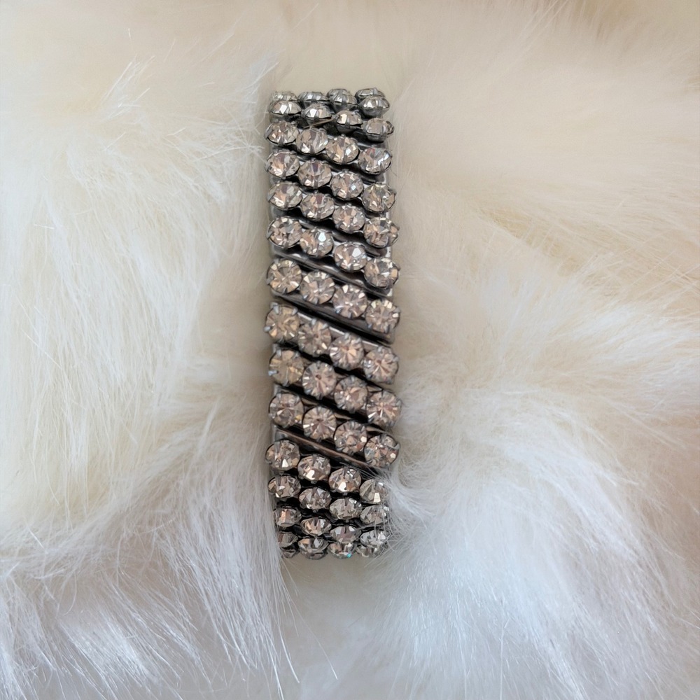 Vintage Silver Tone 3 Row Clear Rhinestone Expansion Stretch Bracelet Japan
